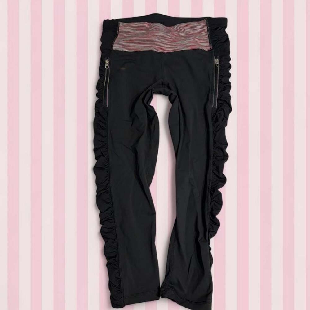 Lululemon Ruffle Leggings Black with Pink Waistband Size 4